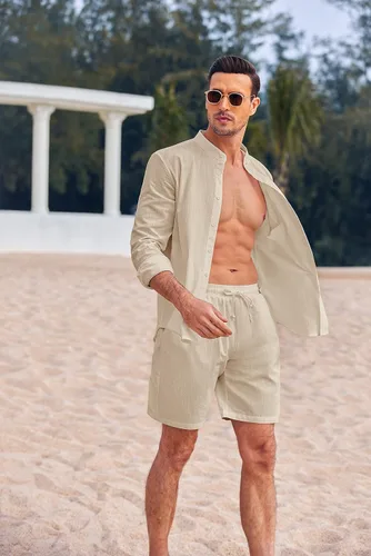Vista 2 de COOFANDY Conjuntos de lino para hombre, 2 piezas, camisa de manga larga y pantalones cortos casuales con cordón en la cintura, trajes de verano
