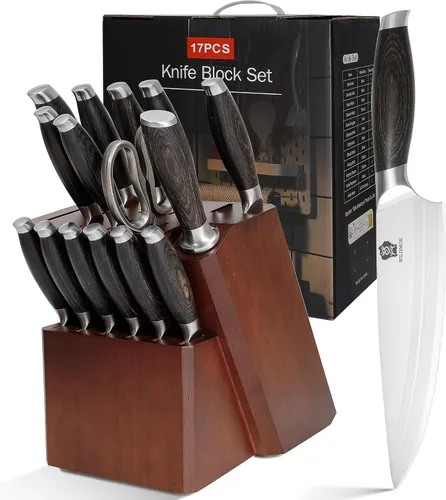 Vista 9 de WILDMOK Juego de bloque de cuchillos de cocina, juego de 17 piezas con bloque de madera, juegos de cuchillos de cocina de acero alemán con picador