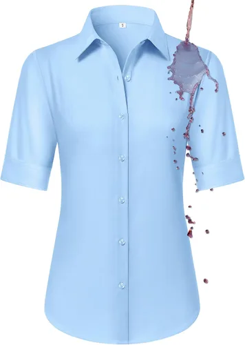 Vista 26 de Camisas con botones para mujer, ajustadas, de manga corta, con cuello, sin arrugas