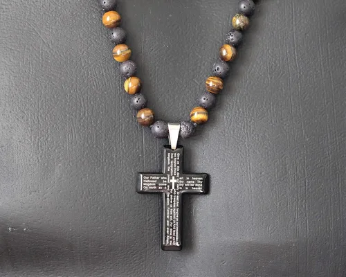 Vista 3 de Cross Necklace & Natural Tiger Eye Black Lava Gemstone Protection Beaded Long Macrame Adjustable Necklace Gift For Men's Christmas Gift