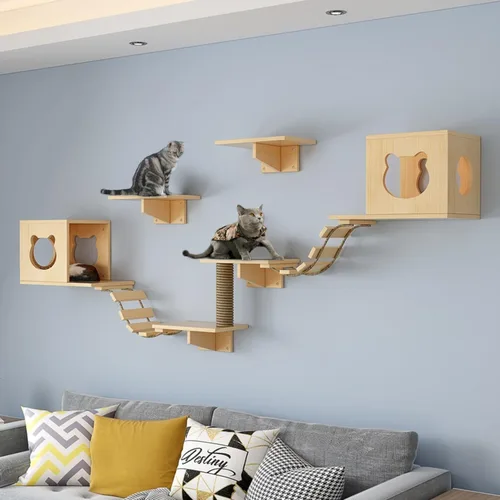 Vista 9 de PETKABOO - Muebles de pared para gatos, muebles de pared de pino para gatos, estantes de escalada con escalador, condominio, poste rascador