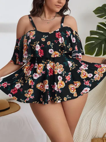 Vista 3 de SOLY HUX Traje de baño tankini de 2 piezas para mujer, talla grande, estampado floral, hombros descubiertos, ribete de volantes, traje de baño, Azul