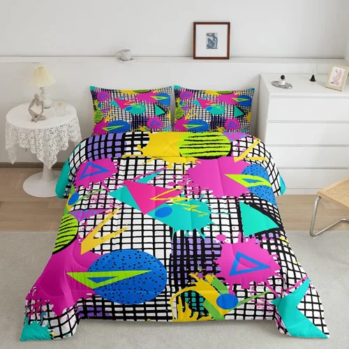 Vista 11 de Juego de edredón de estilo retro de los años 80, juego de ropa de cama de patrón geométrico abstracto, diseño urbano moderno con círculos