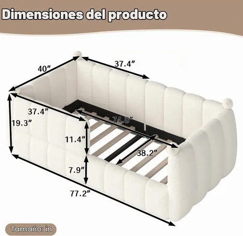 Vista 2 de Cama de suelo tapizada con valla, cama de piso tamaño individual con Beige