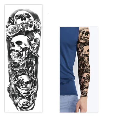 Vista 4 de Tatuajes temporales de Halloween, tatuajes temporales de 4 hojas de calavera de manga completa y 4 hojas de calcomanías de tatuaje de medio brazo