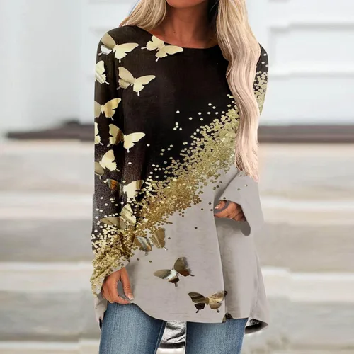 Vista 2 de Blusas de talla grande para mujer, túnica de manga larga con cuello redondo, ajuste holgado, blusa larga con vuelo