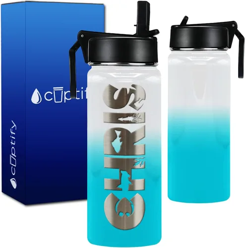 Vista 2 de Botella de agua personalizada para niños con tapa de popote en azul aguamarina degradado para la escuela, nombre personalizado para niños, 18 onzas