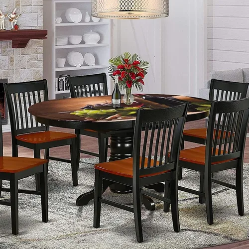 Vista 2 de Mantel ajustable ovalado, con bordes elásticos de poliéster, mantel de mesa con estampado gourmet francés, se adapta a mesas ovaladas de hasta 36 x