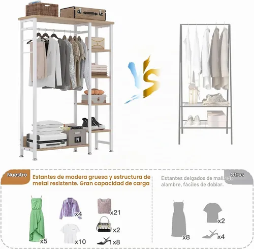 Vista 3 de VECELO Perchero abierto para ropa, armario de almacenamiento resistente con 5 estantes y barra para colgar para espacios pequeños, carga máxima