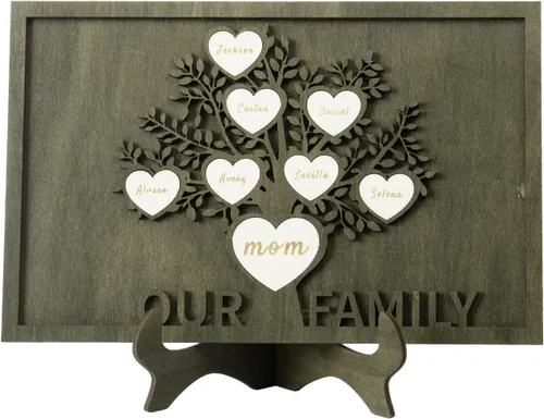 Vista 47 de Árbol genealógico con etiqueta de corazón, placas de madera grabadas personalizadas, regalos personalizados para madres, padres, escritorio, nombres