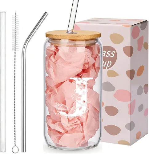 Vista 16 de Regalos personalizados para mujeres, tazas de vidrio con monograma con tapas y pajitas, regalos personalizados para mujeres, vasos de café helado