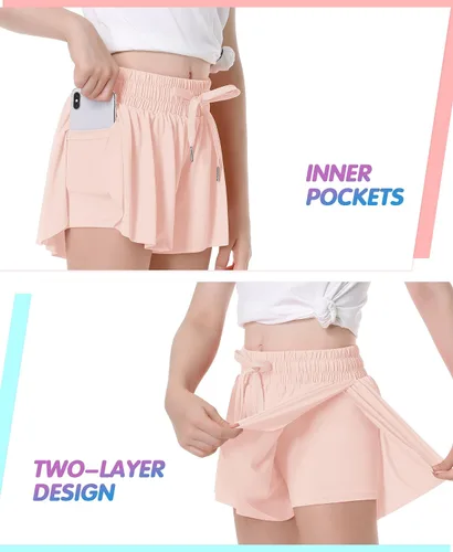 Vista 2 de QooNoo Girls Butterfly Shorts with Pocket Flowy Athletic Shorts High Waist Preppy Running Shorts for Kids Teen