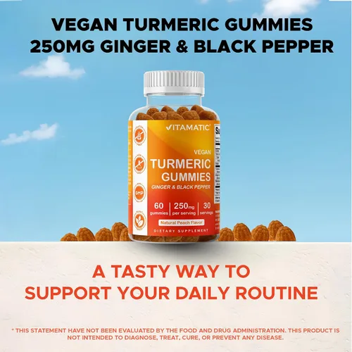 Vista 6 de Vitamatic Gomitas de cúrcuma con extracto de jengibre y pimienta negra – 60 gomitas veganas 95% curcuminoides – Potente apoyo antioxidante e
