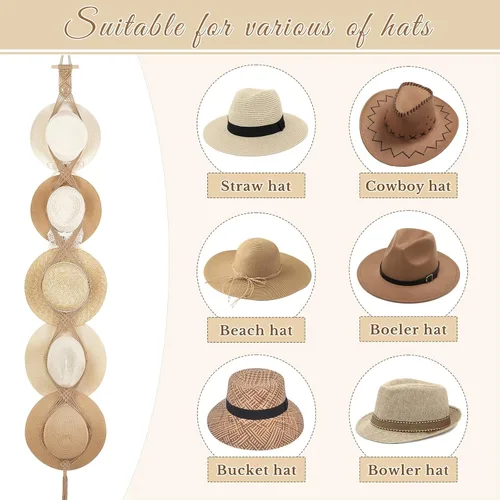 Vista 6 de Dahey - Perchero de sombreros de macramé para pared, organizador de sombreros de vaquero, exhibición colgante, tejido a mano, soporte para sombreros