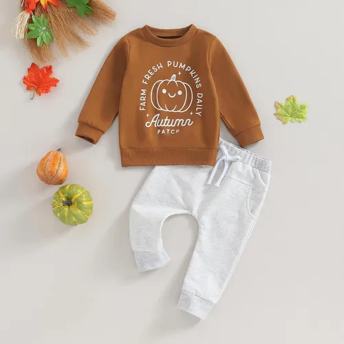 Vista 2 de Trajes de Halloween para bebés y niños, camisas de manga larga, sudadera de calabaza y pantalones deportivos, conjunto de ropa para niños pequeños