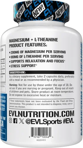 Vista 3 de Suplemento de magnesio L teanina – Evlution Nutrition magnesio calmante para la mente y el cuerpo con mezcla de L-teanina para apoyar la relajación