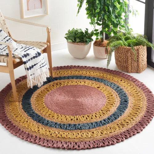 Vista 4 de SAFAVIEH Alfombra redonda de fibra natural NF201C de 3 pies, redonda, azul, multicolor, hecha a mano con encanto bohemio y de yute