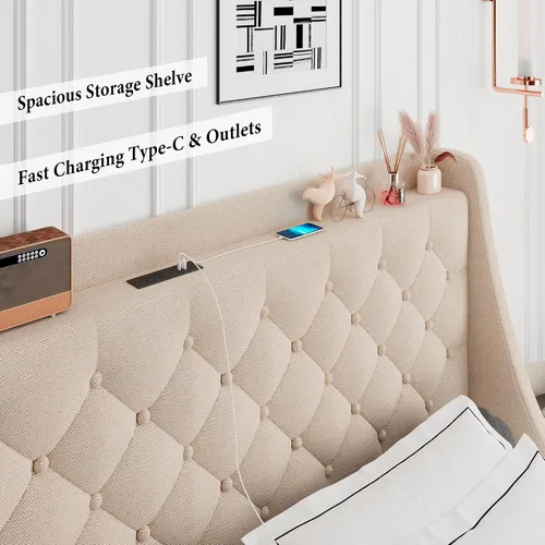 Vista 5 de iPormis Marco de cama tamaño completo con 4 cajones de almacenamiento, marco de cama de plataforma tapizada con puertos Type-C y USB, cabecera