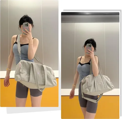 Vista 7 de Bolsa de gimnasio para mujer con compartimento para zapatos y artículos húmedos, bolsa de lona para viajes, deportes, yoga, fitness y entrenamiento