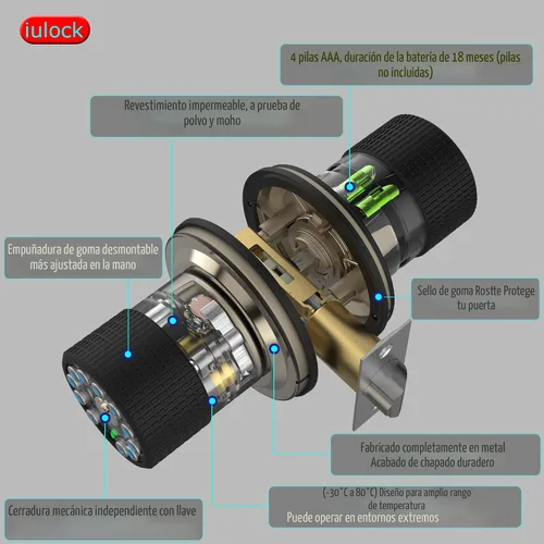 Vista 3 de iulock Pomo de puerta inteligente con teclado y llave, cerradura de puerta de entrada sin llave con agarre de goma, bloqueo automático, código
