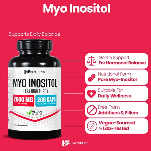 Vista 2 de Healthfare Myo - Suplemento de inositol, 2600 mg 200 cápsulas vegetales Ultra fuerte Apoyo ovárico saludable para mujeres Vitamina B8