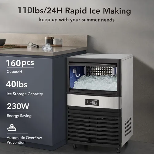 Vista 2 de Máquina de hielo comercial de 110 libras/24 horas, máquina de hielo debajo del mostrador con cubo de hielo de 30 libras, 40 cubitos de hielo/ciclo