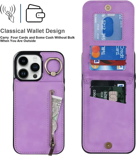 Vista 4 de Asuwish Funda de teléfono para iPhone 14 Pro Max de 6.7 pulgadas con protector de pantalla y soporte de tarjeta RFID, soporte de anillo de cuero