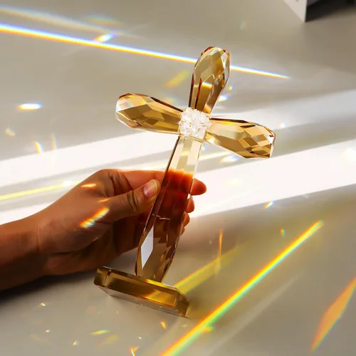 Vista 3 de YWHL Cruz de pie de cristal champagne, regalos religiosos para mujeres y hombres, figuras coleccionables de cruz de Pascua de vidrio hechas a mano
