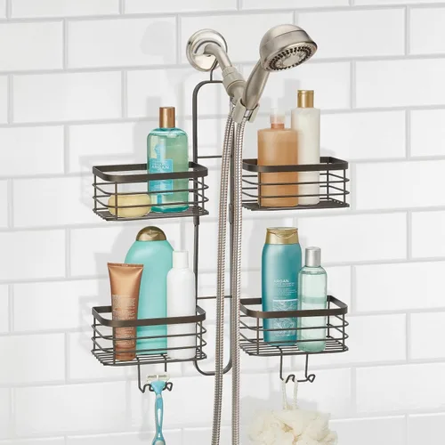 Vista 2 de mDesign Carrito de ducha colgante de acero metálico, estante organizador de 4 cestas para baño; sostiene cabezal de ducha de mano, manguera, champú