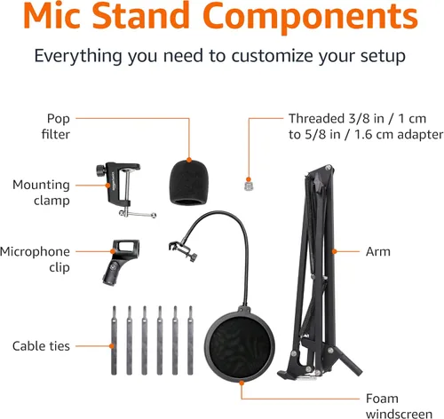 Vista 5 de Amazon Basics Soporte de micrófono ajustable, filtro pop, pantalla antiviento, para Blue Yeti, Snowball, Shure, Audio-Technica, otros micrófonos, 14