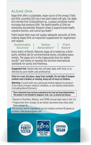 Vista 7 de Nordic Naturals DHA de algas – 60 geles suaves – 500 mg Omega-3 DHA – Aceite de algas vegano certificado – DHA a base de plantas – Soporte