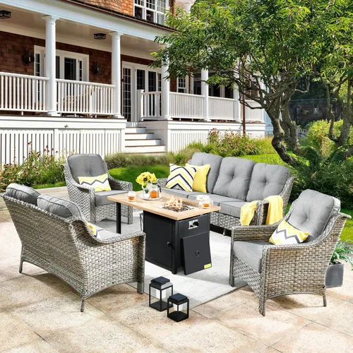 Vista 61 de HOOOWOOO Sofá de patio de 3 plazas de mimbre para exteriores, resistente a todo tipo de clima, con respaldo alto, muebles a juego (beige y bronceado)