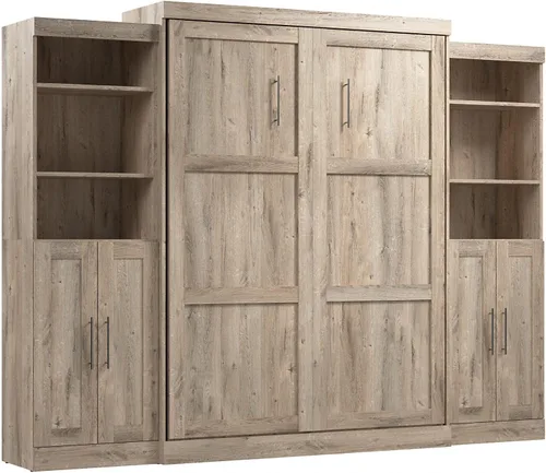 Vista 26 de Bestar Pur Queen Cama Murphy con gabinetes de almacenamiento de armario, marrón rústico de 115 pulgadas, arreglo para dormir que ahorra espacio