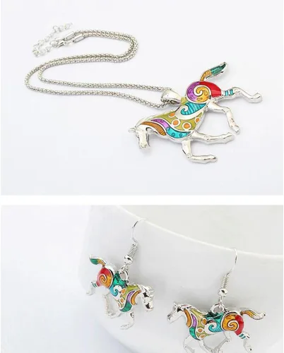 Vista 3 de YINLI Encantos esmalte arco iris caballo colgante collar con pendientes conjuntos de joyas
