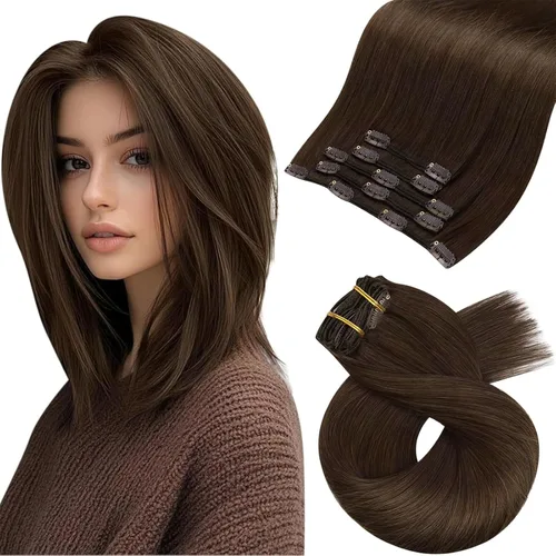 Vista 41 de Moresoo Extensiones de cabello humano con clip, balayage, color marrón oscuro a marrón dorado con clip, extensiones de cabello humano con clip, 5