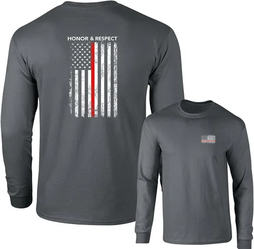 Vista 10 de Camiseta de manga larga Honor Respect U.S. Flag Red Line Firefighter Negro