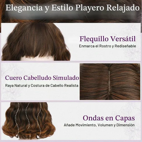 Vista 3 de BARSDAR Peluca corta ondulada con reflejos castaño, peluca corta ondulada con flequillo para mujer, gruesa, suave, sintética, texturizada, rizada