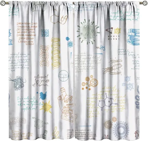 Vista 16 de Cortinas opacas para ventanas de ciencia para niños, lupa de libro de laboratorio de ciencia, lupa, frascos moleculares, cortinas impresas