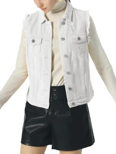 Vista 3 de ebossy Chaqueta de mezclilla desgastada sin mangas de color caramelo para mujer