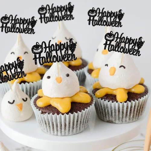 Vista 5 de Gyufise 24 adornos para cupcakes de Halloween con calabaza, fantasma, purpurina negra, decoraciones para cupcakes para niños, decoración de fiesta