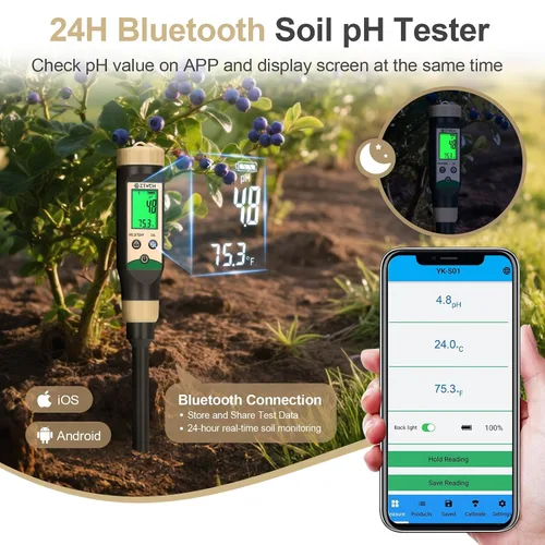 Vista 2 de Medidor de pH de suelo para alimentos, probador de pH de agua Bluetooth para suelo e hidropónico, medidor de pH y temperatura digital para mermelada