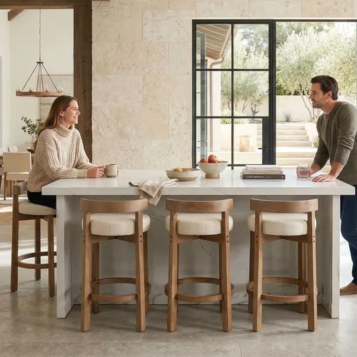 Vista 15 de LukeAlon Mid Century Linen Taburete Individual de Mostrador, Tapizado de 26.5" de Altura de Asiento, Taburetes Bajos con Patas de Madera Natural