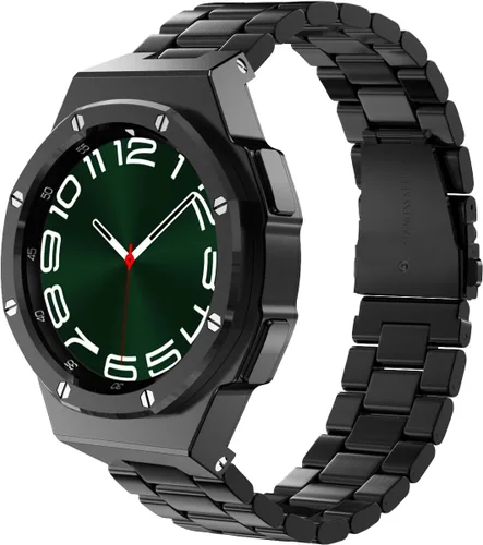 Vista 9 de Funda de lujo con correa diseñada para Samsung Galaxy Watch 6/5/4 de 1.732 pulgadas, resistente funda protectora militar de metal con correa táctica