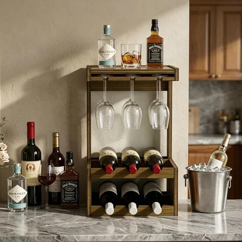 Vista 8 de Estante de vino para encimera con copas de vino, capacidad para 6 botellas Marrón