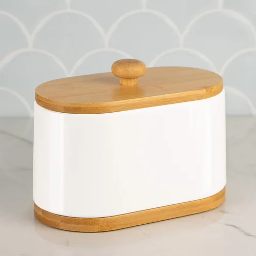 Vista 3 de DAILY RITMO Dispensador grande de hisopos de algodón blanco y soporte para bolas, contenedor de doble compartimento de dos caras con tapa de bambú