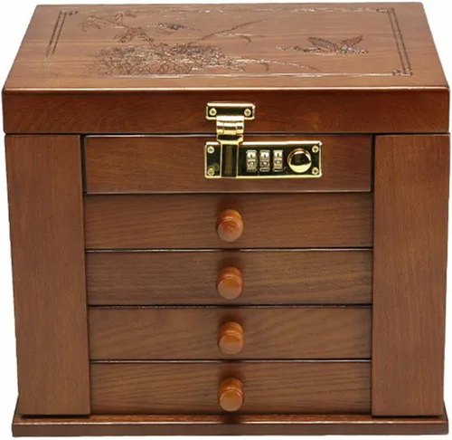 Vista 5 de Caja de almacenamiento multifuncional de madera, caja organizadora de madera maciza con cerradura combinada para joyas, relojes, collares, anillos