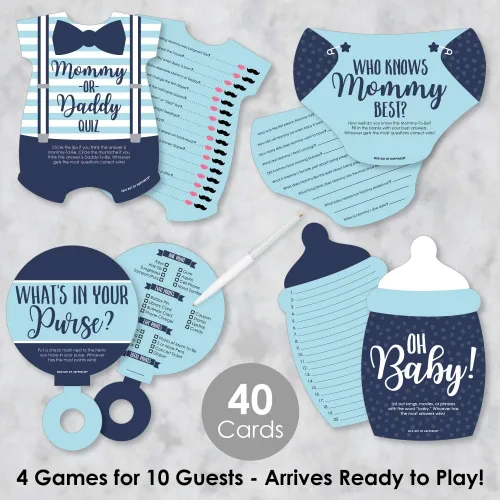 Vista 2 de Big Dot of Happiness Baby Boy - 4 juegos azules para baby shower - 10 cartas cada uno - Quién sabe mejor a mami, cuestionario de mamá o papá, qué