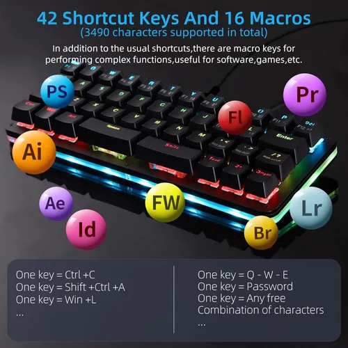 Vista 3 de Koolertron Teclado de juegos Macaro de 42 teclas 40% - Teclado mecánico compacto retroiluminado RGB, teclado mini programable USB-C intercambiable