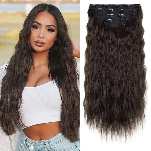 Vista 28 de REECHO Extensiones de cabello con clip, 5 piezas, de 24 pulgadas, de color rubio ceniza, extensiones de cabello con ondas largas y sueltas, HE002