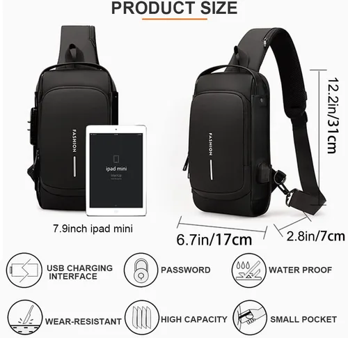 Vista 2 de Sling Mochila USB Impermeable Pecho Daypack Casual Bolso de hombro (negro)